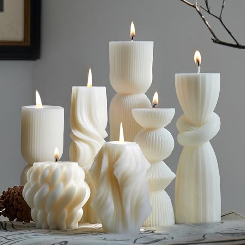 7-Pack Pillar Candles - Soy Wax Handmade Ribbed Candles for Home Decor, Housewarming Gift, Shelf & Table Decor - Aesthetic...