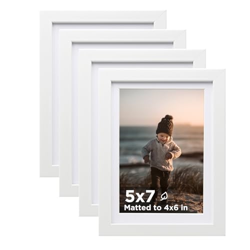 KINLINK 5x7 Picture Frame White Set of 4, Wooden Photo Frames Matted 4x6 with Plexiglass for 4x6 with Mat or 5x7 without M...