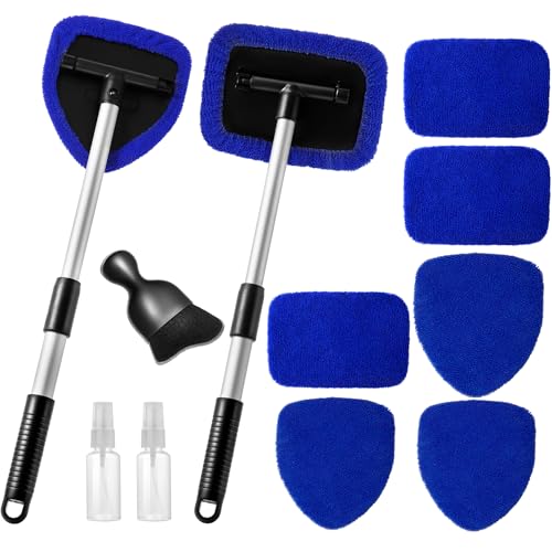 Qydipclin 11pcs Windshield Cleaner Tool, Car Window Cleaning Wash Kit with 6 Reusable Microfiber Pads 2 Spray Bottles and ...