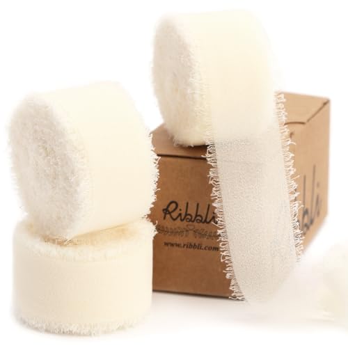 Ribbli Ivory Ribbon 1 Inch x 3 Rolls Total 24 Yards Ivory Handmade Fringe Chiffon Silk Ribbon for Wrapping Wedding Invitat...