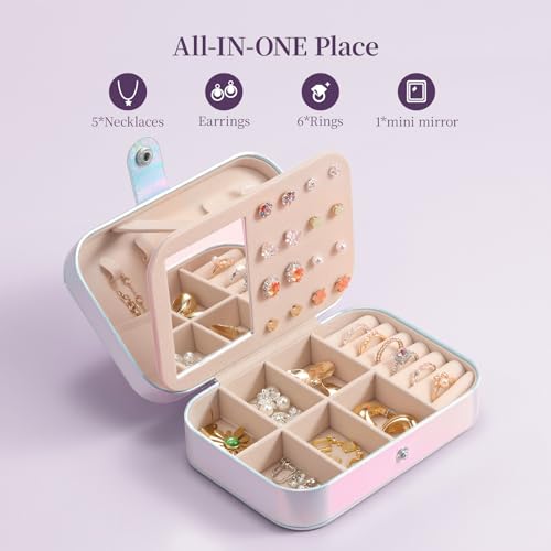 LAMU Travel Jewelry Box, Portable Jewelry Organizers and Stroage, Glowing Rainbow Small Jewelry Case for Earrings Rings Ne...