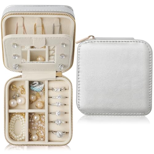 NGVRC Genuine Leather Travel Jewelry Case Organizer with Mirror for Women, Small Jewelry Box Portable Mini Jewelry Case fo...