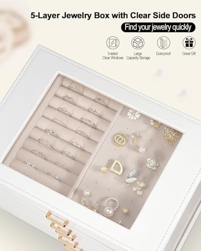 GUOER Jewelry Box 5 Layer for Women, Glass Lid Jewelry Organizer with 5 Drawers for Necklaces Rings Earrings Bracelets, Fu...