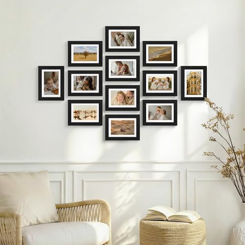 Vittanly 5x7 Picture Frames Set of 12, Display 4x6 Pictures with Mat or 5x7 without Mat, Engineered Wood with Shatter Resi...