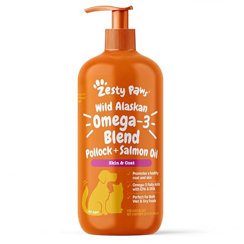 Zesty Paws Wild Alaskan Omega-3 Blend Pollock + Salmon Oil for Dogs and Cats- Skin and Coat Support, Omega 3 Supplement fo...
