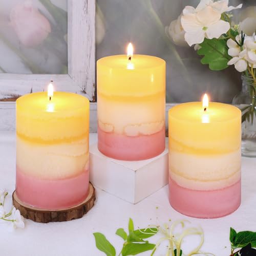 Sweet Scented Candles 3x4 Inch Pillar Candle Honeysuckle Scented Layered Yellow White Pink Aesthetic Decorative Candle for...