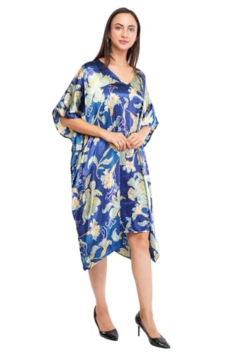 laiara lifestyle Limited Short Kaftan, Free Size, Blue Floral, Satin, Party and Evening
