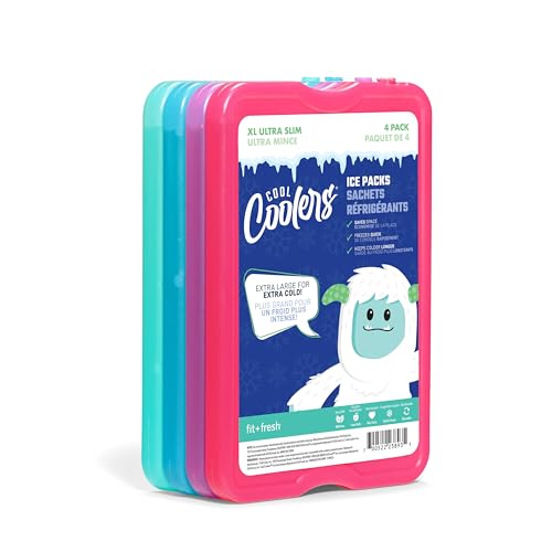 Cool Coolers by Fit & Fresh 4 Pack XL Slim Ice Packs, Quick Freeze Space Saving Reusable Ice Packs for Lunch Boxes or Cool...