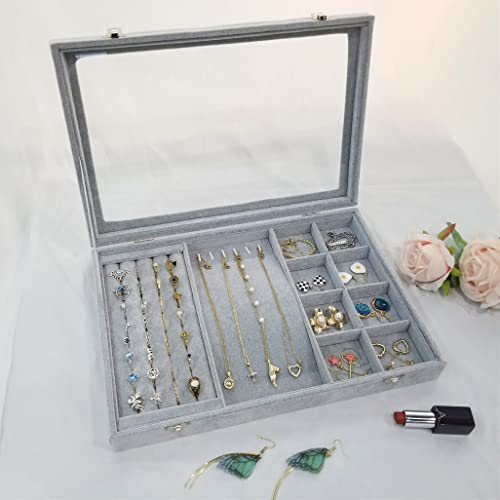 BesyPro Ice Velvet Jewelry Organizer Box for Women Girlfriend Wife,Clear Lid Earrings Rings Necklace Bracelets Jewelry Tra...