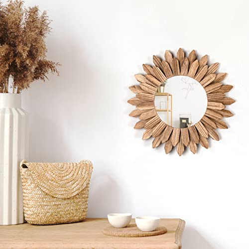 Honiway Wall Mirror Decorative 12 inch Rustic Wood Mirror Sunburst Boho Mirror for Entryway Bedroom Living Room Bathroom H...