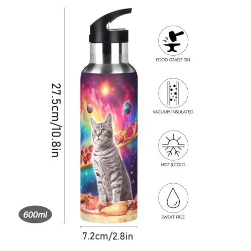 Cat Pizza Planets Space Water Bottle with Straw Lid Kids Insulated Stainless Steel Water Flask Sports, 20 Oz Hot Cold