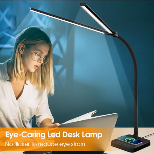 ShineTech LED Desk Lamp for Home Office, 24W Double Head Desk Light with Wireless Charging, USB Port, 25 Lighting Modes Ad...