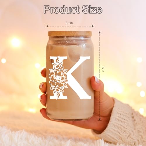 Coolife Initial Glass Cup, Monogrammed Gifts for Women, 16oz Glass Cups w/Lids Straws, Iced Coffee Smoothie Beer Tumbler ...