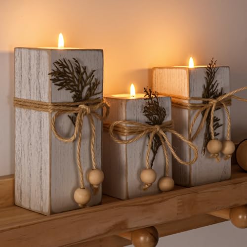 MelonBoat Rustic Flameless LED Candles 3-Pack, Battery Operated Candles with Wooden Candle Holders, White Rustic Farmhouse...