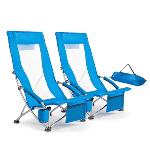 VINGLI Low Beach Chairs, High Back Chairs with Carry Bag，Foldable Portable Backpack Beach Chair for Camping Picnic LAN-2 Pack