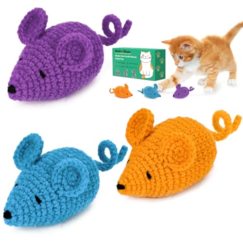 Retro Shaw Catnip Toys Crochet Mice Cat Toys, 3 Pcs Durable Yarn Cat Mouse Toys for Indoor Cats, Stuffed with Natural Catn...