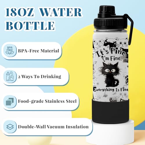 Cat Gifts for Women, 18oz Fine Cat Water Bottle with Straw Lid & Spout Lid - I'm Fine Black Cats Insulated Water Bottles, ...