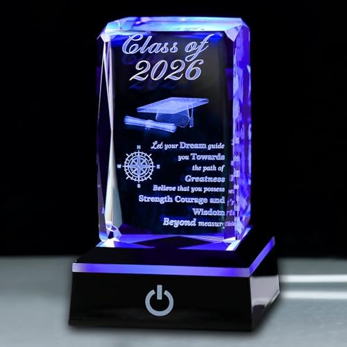 Class of 2026 Graduation Gift, Class of 2026 3D Crystal Laser Engraved Plaque with Glowing LED Base, Meaningful Senior Gif...