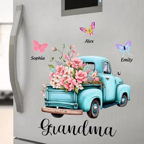 Gift for Grandma Pink Floral Truck Butterflies Sticker, Grandma Floral Butterfly Fridge Decal with Grandkids Names, Colorf...