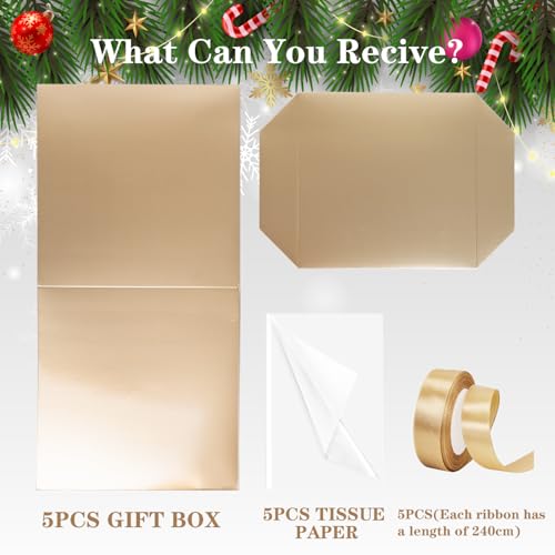 Jaywayang 5 Pack Gold Gift Boxes with Lids, Ribbons and Tissue Papers Square Gift Boxes - 7.1 Inch - Christmas Presents Wr...