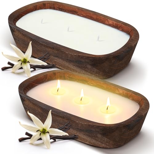 Threlaco 2 Pack Wood Dough Bowl Candle Jar Candle Decorative with Wick Scented Candles Soy Gifts for Men Women Farmhouse T...