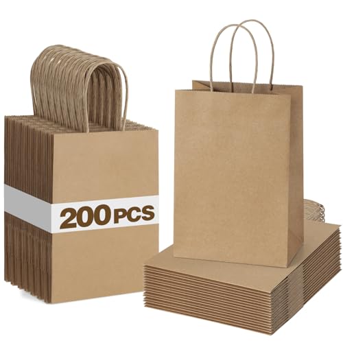 BagDream 200Pcs Gift Bags 5.25x3x8 Kraft Brown Paper Gift Bags with Handles Bulk, Small Paper Sacks for Birthday Wedding P...
