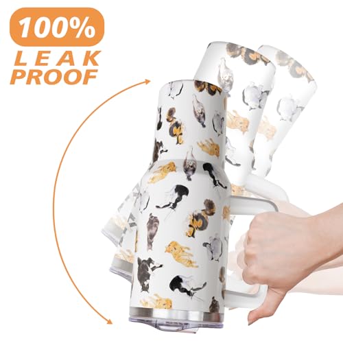 qoepfnsh 40 oz Cat Tumbler with Handle and Straw, Stainless Steel Vacuum Insulated Travel Coffee Mug Cup Water Bottle, Cat...