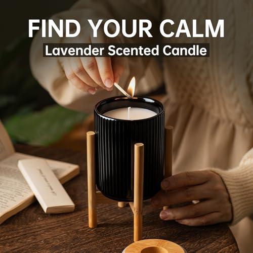 HUICAIMAO Lavender Scented Candle with Wood Stand& Ceramic Jar - 60H Natural Soy Wax, Highly Scented Aromatherapy Candle f...