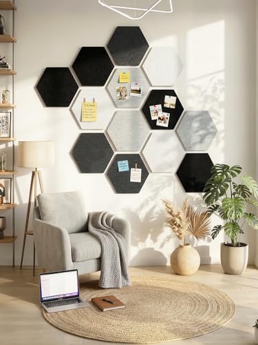 Uoisaiko 8 Pack Hexagon Felt Bulletin Board Tiles - 11.8" Large Thick Pin Board for Walls with 30 Push Pins, DIY Boards fo...