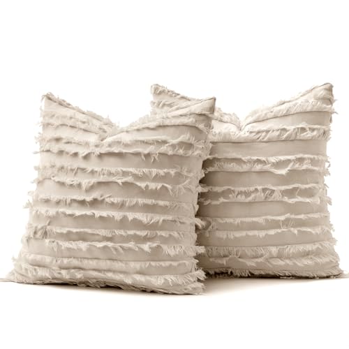 MIULEE Decorative Boho Throw Pillow Covers Set of 2 Spring Neutral Beige Linen Striped Jacquard Pattern Modern Cushion Cov...