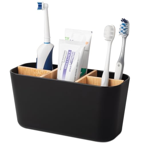 Toothbrush Holders for Bathrooms, Bamboo Tooth Brush Holder with 5 Slots Bathroom Vanity Organizer Countertop for Electric...