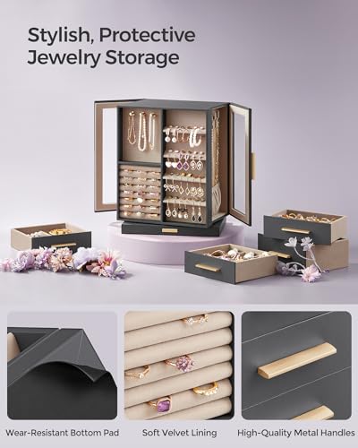 SONGMICS Jewelry Box 360° Rotating, Jewelry Storage Case with 5 Drawers, Jewelry Organizer, Glass Window, Spacious, Vertic...
