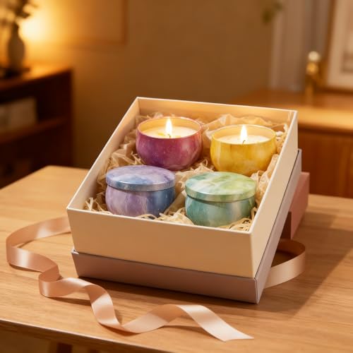 Scented Candles Gift Set for Women,4 Pack Sky Aroma Candles with Essential Oils,Soy Wax Flower Petals Assorted Floral Trav...