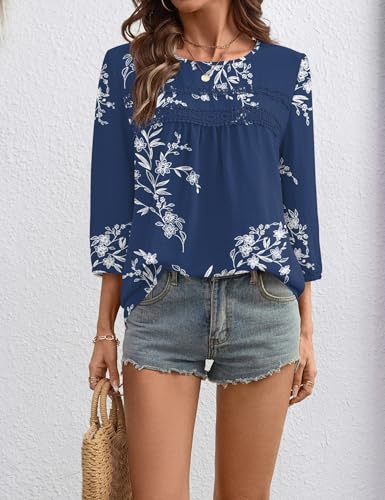 Ivicoer 3/4 Length Sleeve Womens Tops Crewneck Dressy Casual Chiffon Blouses Flowy Lace Boho Clothing Trendy 2026