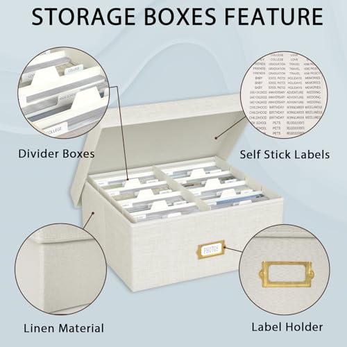 Decorative Photo Storage Box - Linen Photo Box Organizer with Dividers, Fits Holds Up to 1700 Pictures and 4x6 Photos, Mem...
