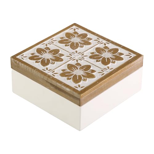 Synovana Floral Wooden Box - Decorative Wood Keepsake Boxes with Hinged Lid, Flower Engraved Design, 7.09" W