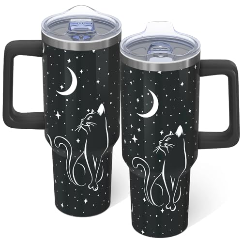 xspgrnm 40oz Black Cat Tumbler With handle, Halloween Goth Stainless Steel Leak Proof Travel Coffee Mug Cup Water Bottle T...