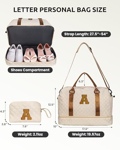Vogewood Birthday Gift-Initial Duffle Bag with Shoe Compartment, Personalized Weekender Bag, Monogram Overnight Bag for Wo...