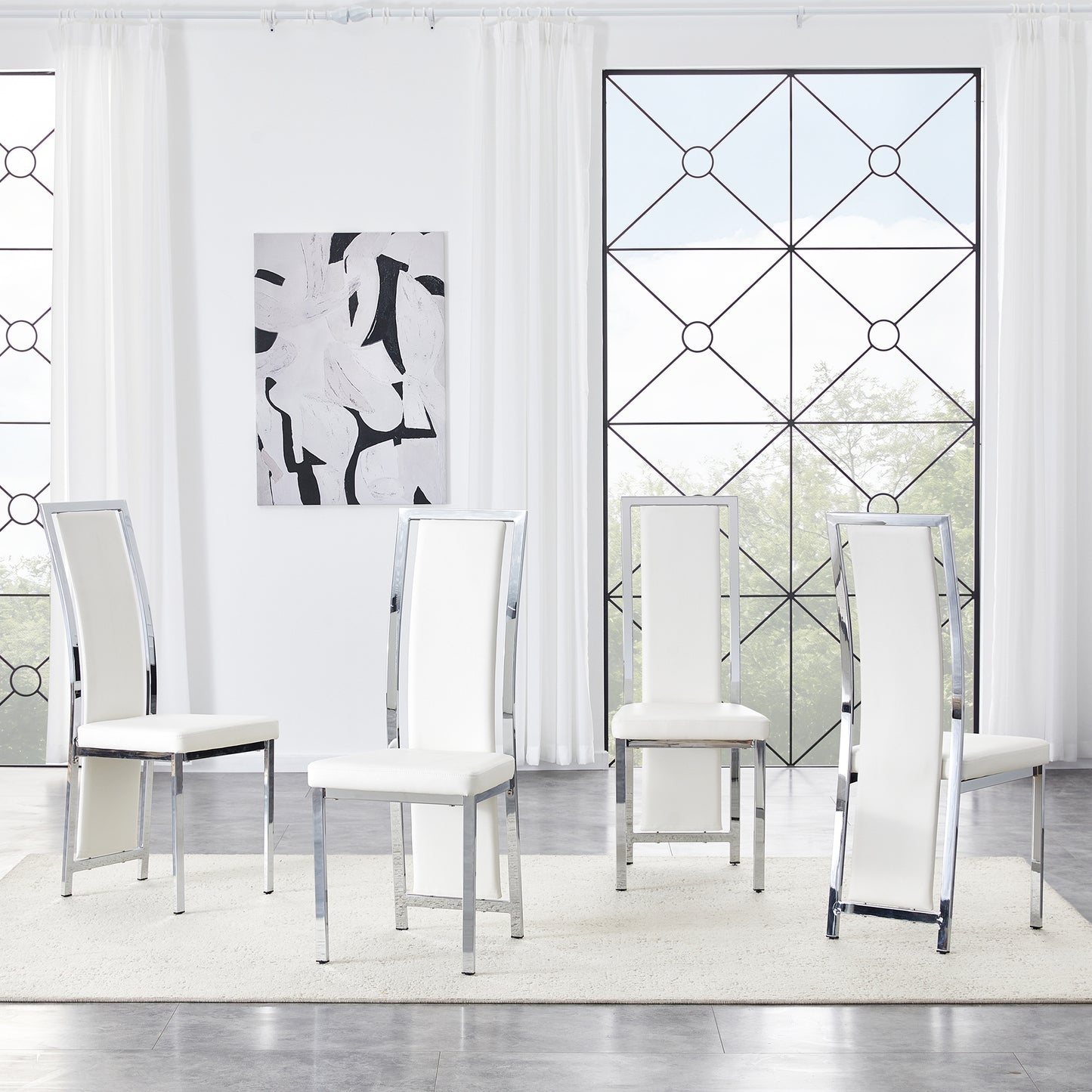 Set Of 4 European Minimalist Dining Chairs With Silver Edge. White PU Leather  Silver Luster Metal Frame, 109cm High, For Versatile Uses, Such As Dining Room, Office, Etc.