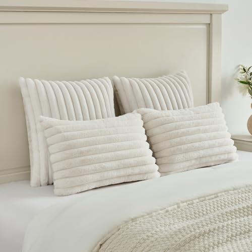 FUTEI Cream White Decorative Throw Pillow Covers Set of 2, 18x18 Inch Soft Fluffy Faux Fur Plush Striped Cushion Cases, Mo...