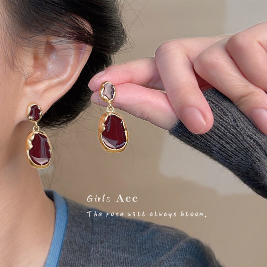 French Style Burgundy Enamel Earrings For Women Vintage Elegant Stud Earrings Luxury Fashion Jewelry Wholesale