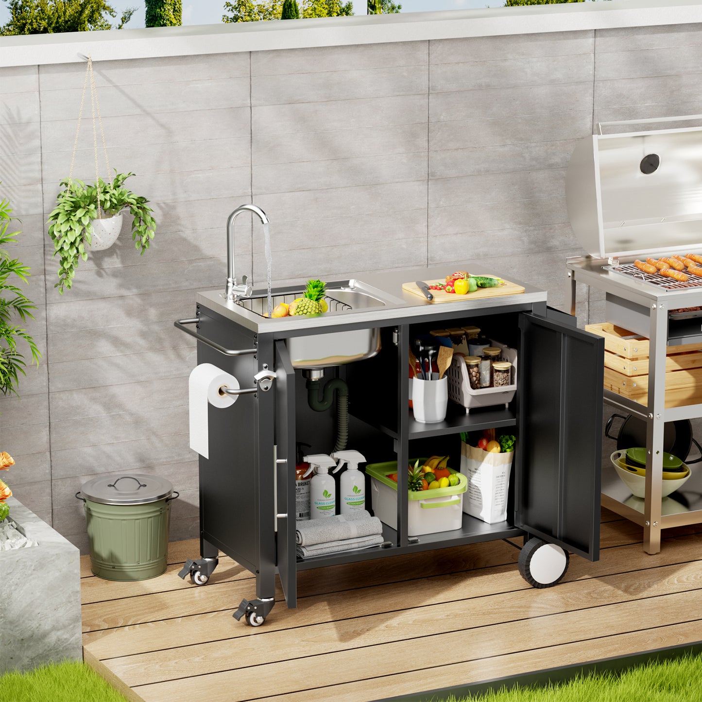 Outdoor Grill Table With Sink, Grill Cart With 304 Stainless Steel Sink And Cabinet, Outdoor Grill Cart,Outdoor Cart Sink Station With Wheels, L38in X W18in X H35in