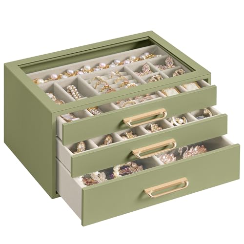 SONGMICS 3-Layer Jewelry Box with Glass Window, Jewelry Storage Organizer with 3 Drawers, Golden Handles, for Rings, Earri...