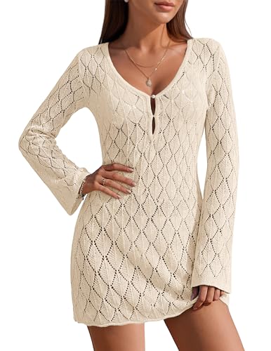 Ekouaer Swimsuit Coverup for Women Crochet Beach Cover Up Hollow Out Long Sleeve Cover Ups 2026 Summer Vacation Outfits