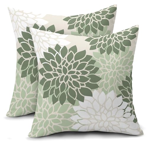 aportt Sage Green White Floral Pillow Covers 18X18 Inch Set of 2 Geometric Dahlia Flower Decorative Pillow Cases Modern Co...