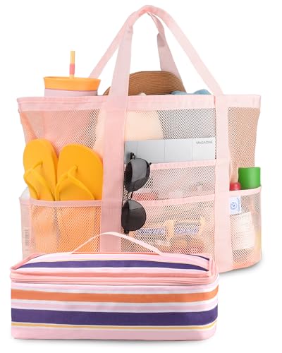 Genteen Beach Bag for Women, Mesh Tote Bags with Zipper, Sandproof Vacation Essentials with Cooler for Swim Cruise Pool
