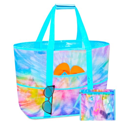 Mesh Beach Bag - Large Beach Tote Bag Women Pool Bags with Zipper 10 Pockets Foldable Beach Toy Bag for Towel, Flip Flops