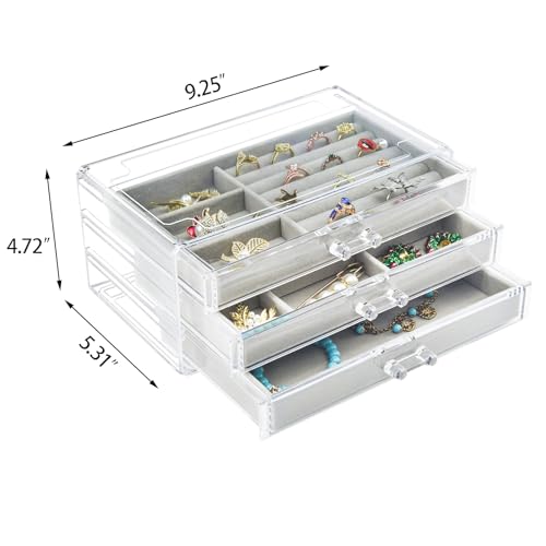 Weiai Acrylic Jewelry Box 3 Drawers, Velvet Jewellery Organizer, Earring Rings Necklaces Bracelets Display Case Gift for W...