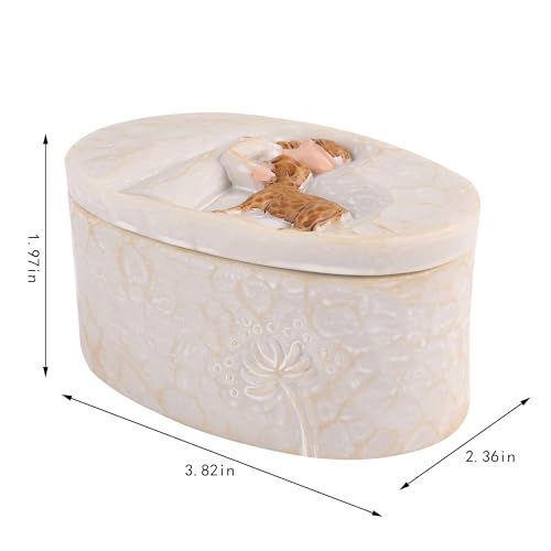 FriyGardcn Resin Keepsake Box Oval 3.82 Inch, Memorial Trinket Box for Dog Ashes Pet Hair Collar Tag, Engraved Girl with P...