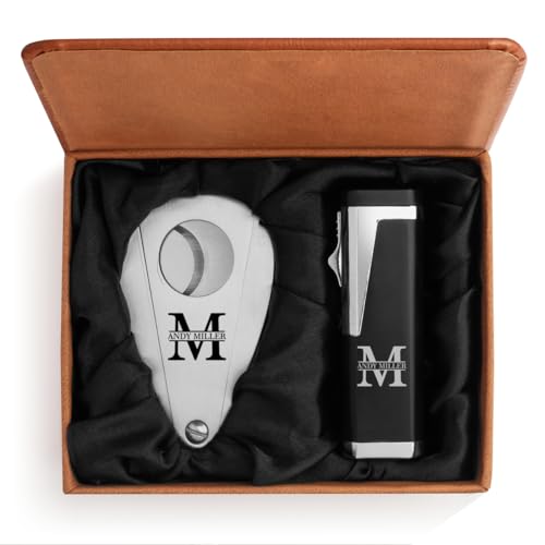 ROLYAD Engraved Stainless Steel Cigar Cutter & Black Triple Flame Torch Lighter Leather Box Personalized Custom (Block Ini...